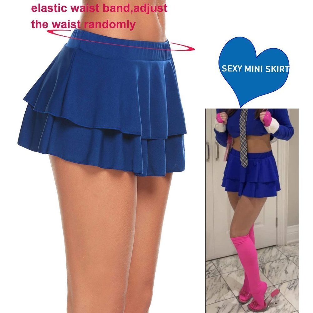 Women Pleated Mini Skirt Solid Ruffle Lingerie Skirts - Blue - Picture 3 of 6
